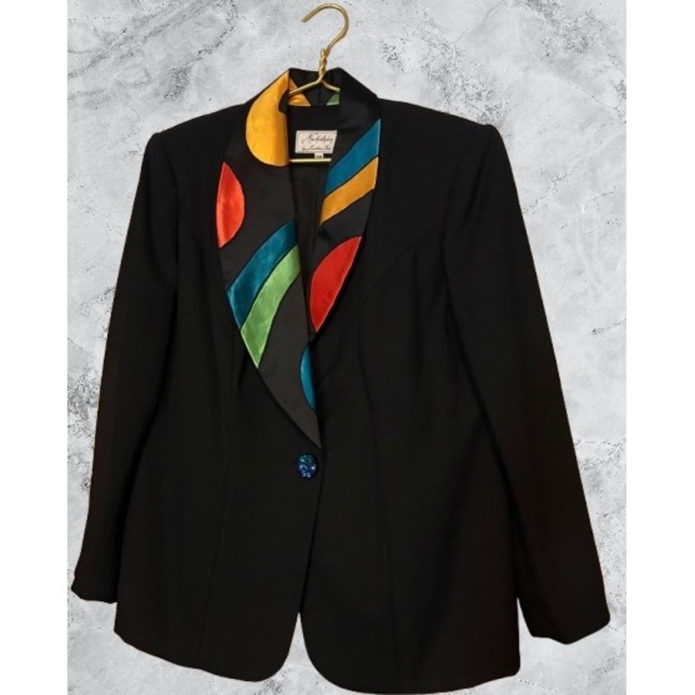 Nahdree Suits Jonathan Tait Vintage Black Blazer Colorblock Satin Lapel 16W